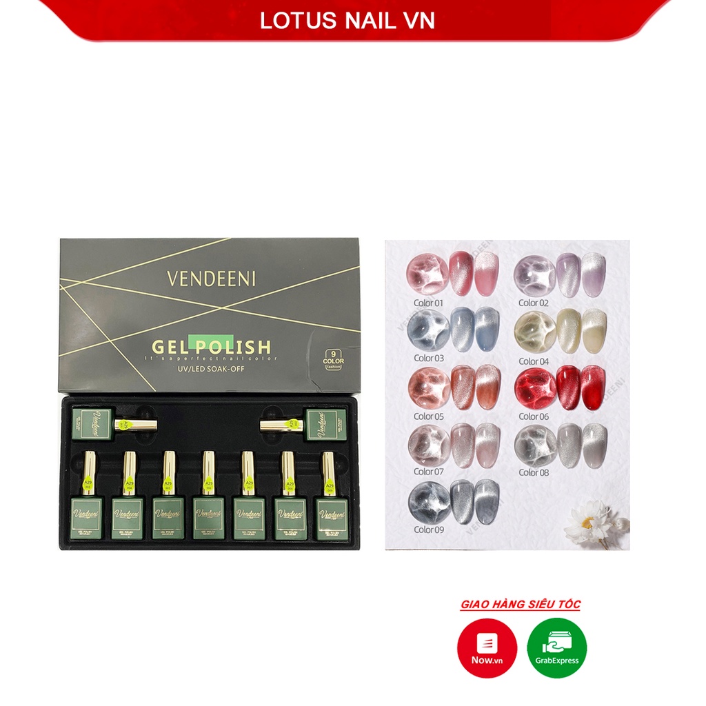 Set sơn gel mắt mèo kim cương siêu sáng Vendeeni 9 màu mã A56 tặng kèm bảng màu