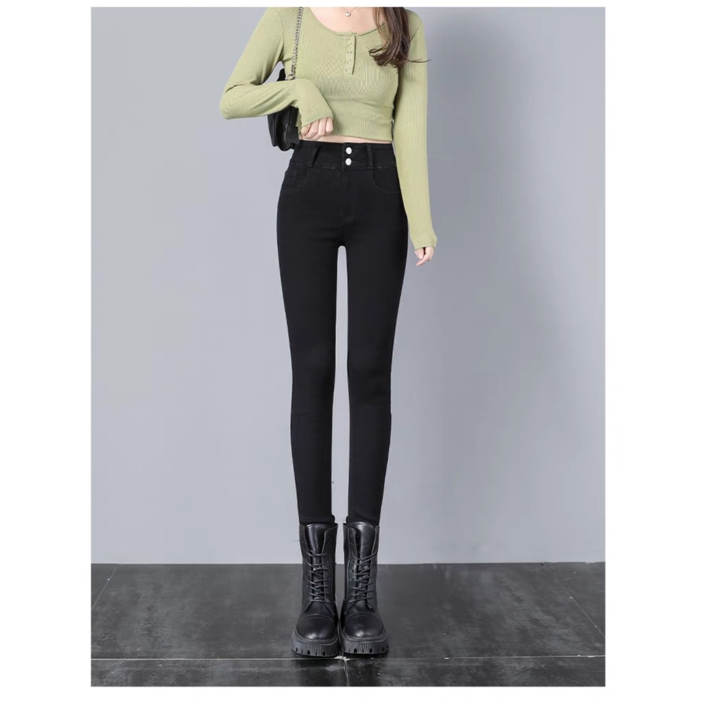 Quần jean nữ lưng cao 2 khuy co giãn có túi, quần bò cạp cao skinny jeans