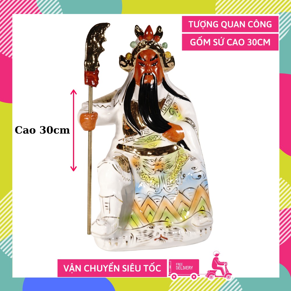 Tượng Quan Công gốm sứ vẽ trắng ngồi tay cầm Thanh Long Đao đẹp - Cao 30cm