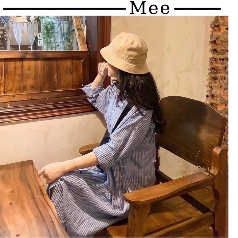 Váy sơ mi kẻ xanh Meestore- Đầm suông dài tay cổ sơ mi phong cách hàn quốc