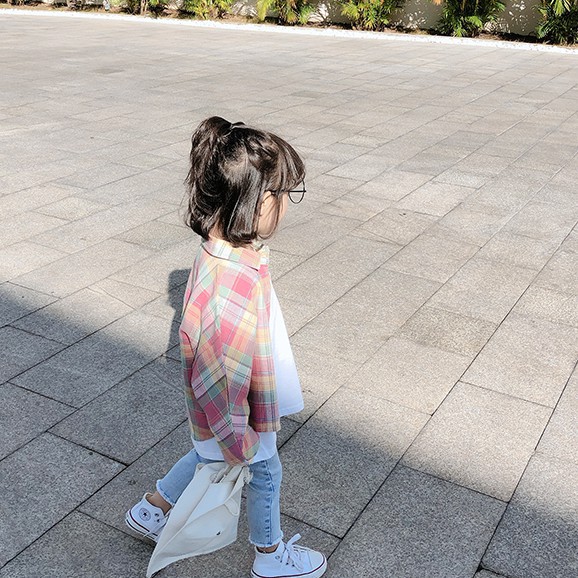 Áo sơ mi kẻ ô dài tay màu cầu vồng dễ thương cho bé gái