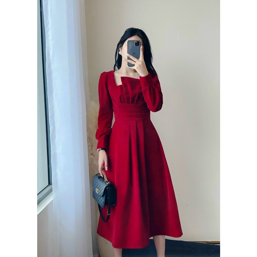 Đầm dự tiệc dáng dài dễ thương dập ly ngực tay dài cổ vuông cá tính trẻ trung XUKA-DRESS MT100-chất Lụa cao cấp đẹp