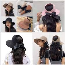 Mũ cói gắn nơ,mũ nan vành rộng hở chóp (có sỉ)