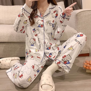 Bộ Đồ Ngủ Nữ Thu Đông Tay Dài 2023 Kích Thước Lớn Mỏng Dễ Thương Quần Short Rời Có Thể Mặc Bên Ngoài Homewear Phù Hợp Với Hoạt Hình Ve Áo Hello Kitty