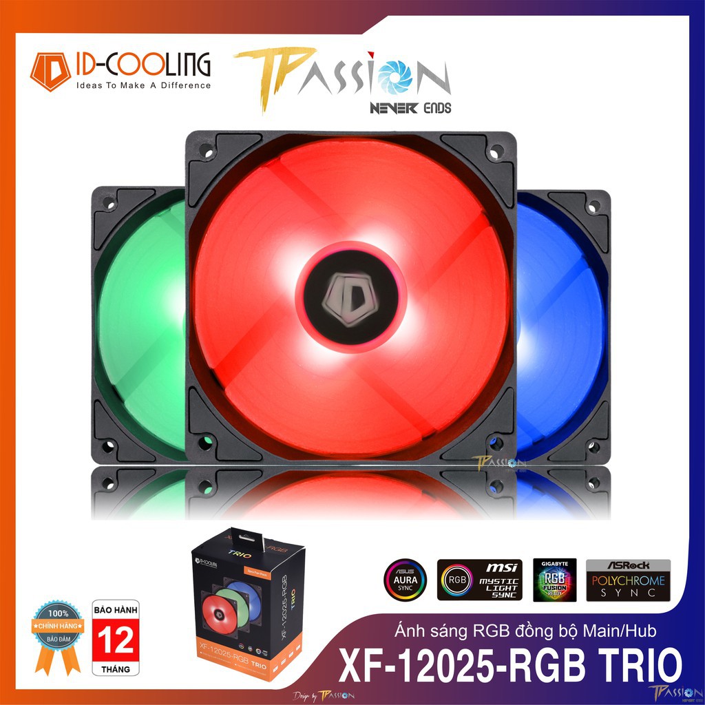 Bộ kit 3 quạt fan case 12cm ID-Cooling XF-12025 RGB TRIO - Led RGB 16.7 triệu màu, tốc độ cao, quay êm, tản nhiệt tốt