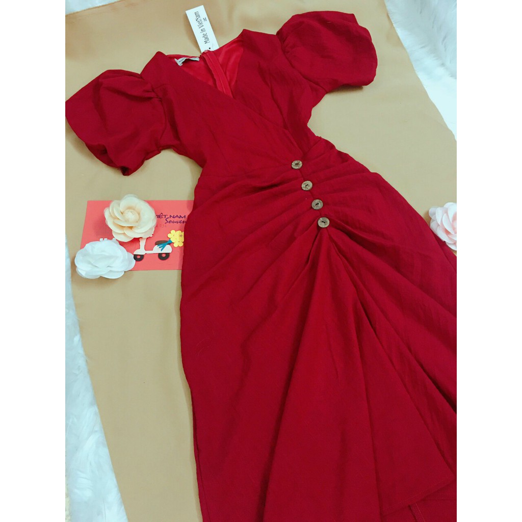 Đầm Dự Tiệc Đầm Thiết Kế Nhún Eo Cổ V Nút Gỗ Tôn Dáng Xinh Lung Linh195 | BigBuy360 - bigbuy360.vn