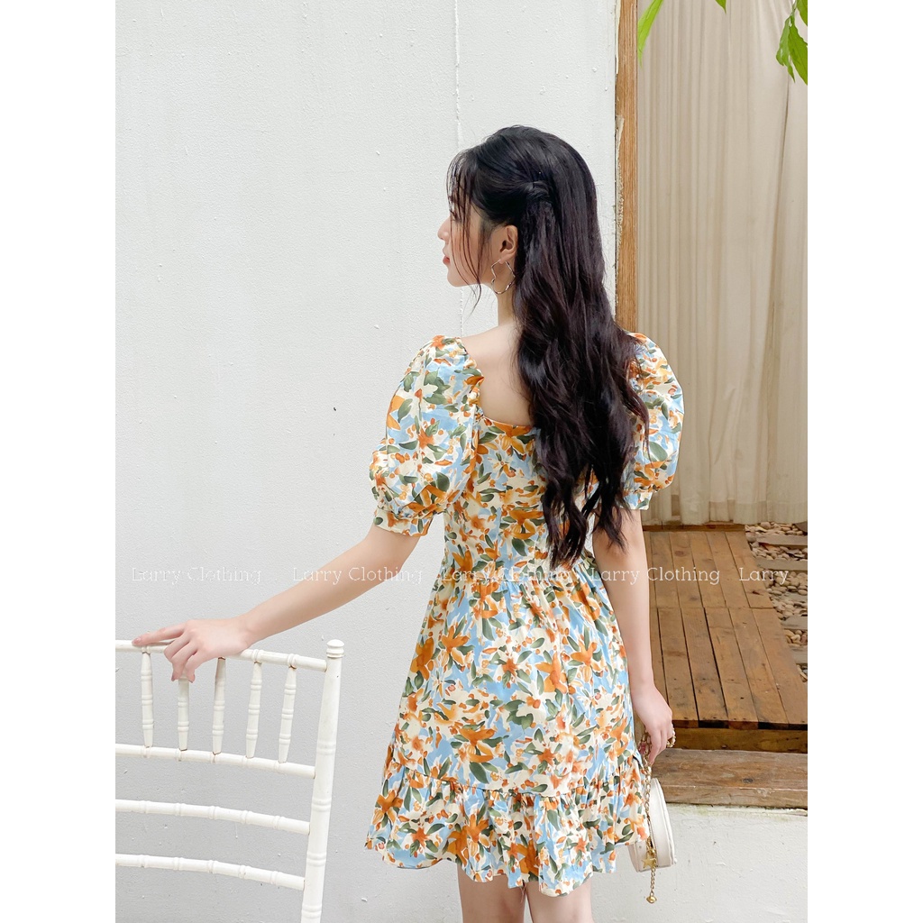 Đầm thiết kế nữ váy ngắn cổ vuông tay bồng chiết eo chất thô hoa Hàn Quốc thời trang thiết kế Larry Clothing V624