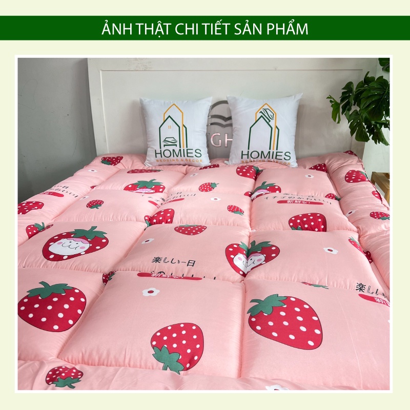 Nệm Topper Dâu Tây Hồng HOMIES Tấm làm mềm đệm cotton Đũi Hàn quốc mới nhất 2020 - Có Chun 4 Góc Cố Định Đệm