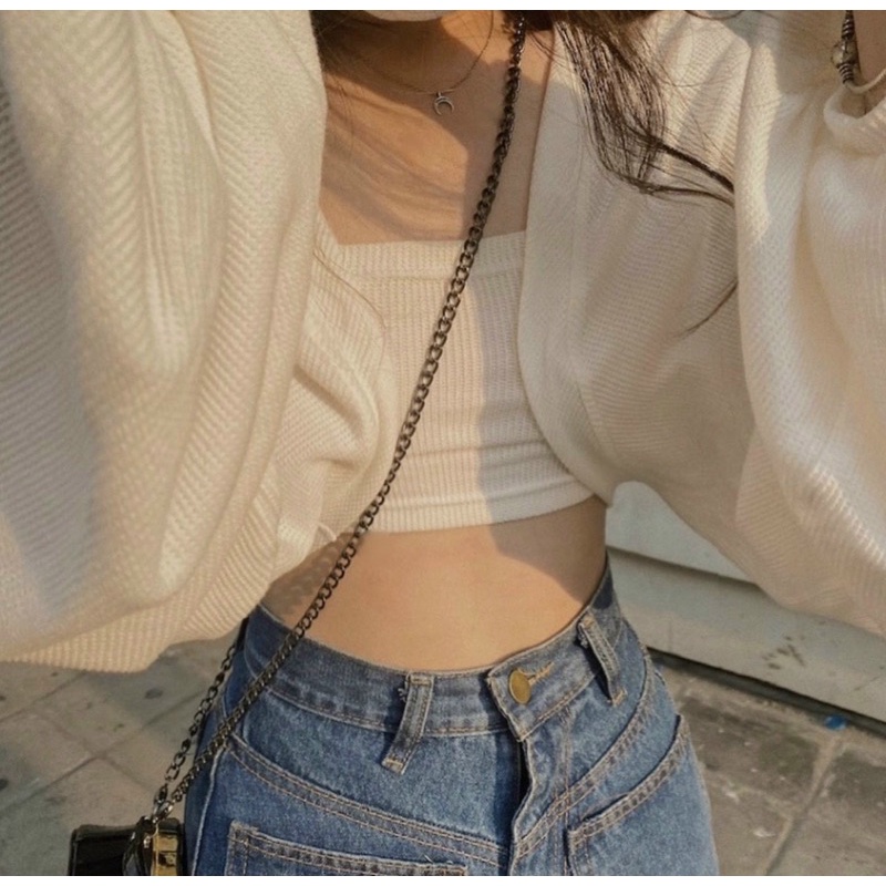 SET ÁO CROPTOP TRẮNG GÂN NỔI TAY BỒNG