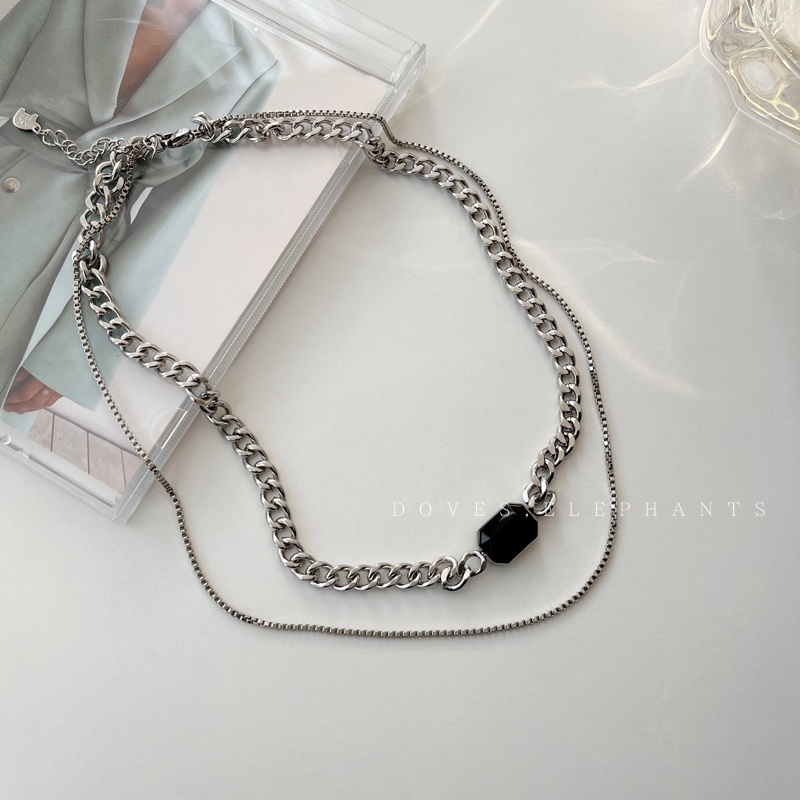 Vòng cổ hai lớp bằng thép titan màu đen đính đá phong cách hip hop đường phố