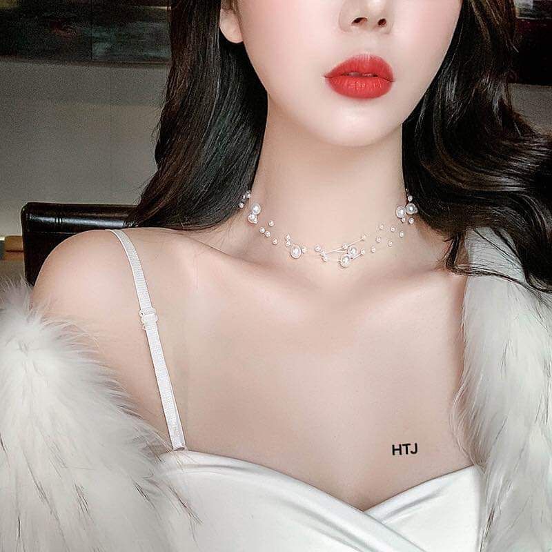Vòng cổ choker tết sợi rối hạt ngọc khóa bạc 925