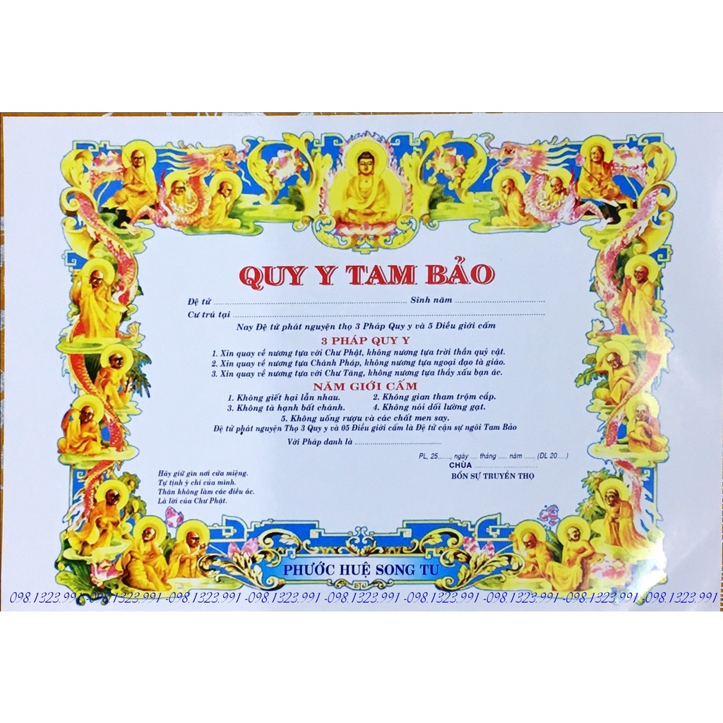 10 tờ Điệp Quy Y Phật Giáo giấy đẹp in sắc nét, chất lượng