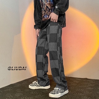 Quần jeans ống suông, quần bò ống rộng unisex, kẻ sọc caro,