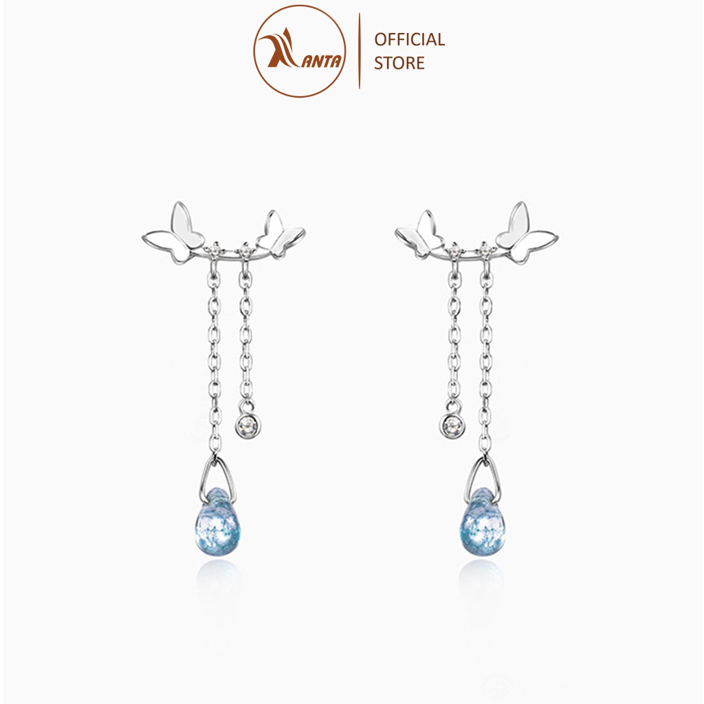 Bông Tai Bạc 925 ATJ7054B Hình Bướm Thả Dài Đính Đá Pha Lê Xanh Phong Cách Hàn Quốc -  ANTA Jewelry