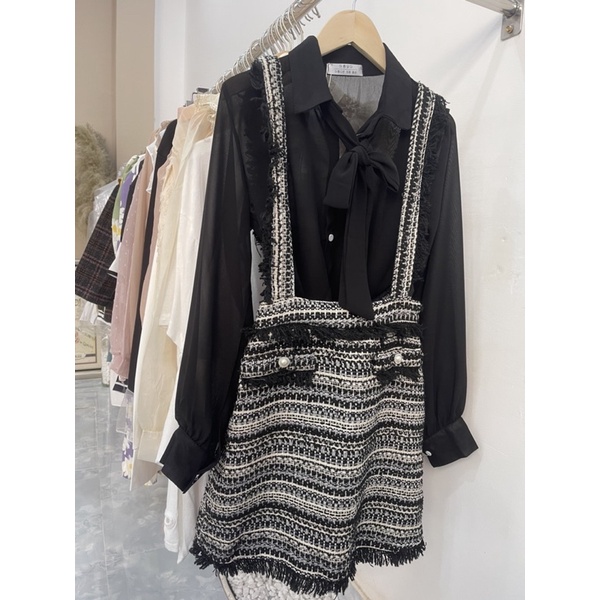 Set Dạ Tweed Váy Yếm Kèm Áo Sơ Mi Voan Tơ Mỏng Nhẹ Siêu Xinh Hàng Quảng Châu