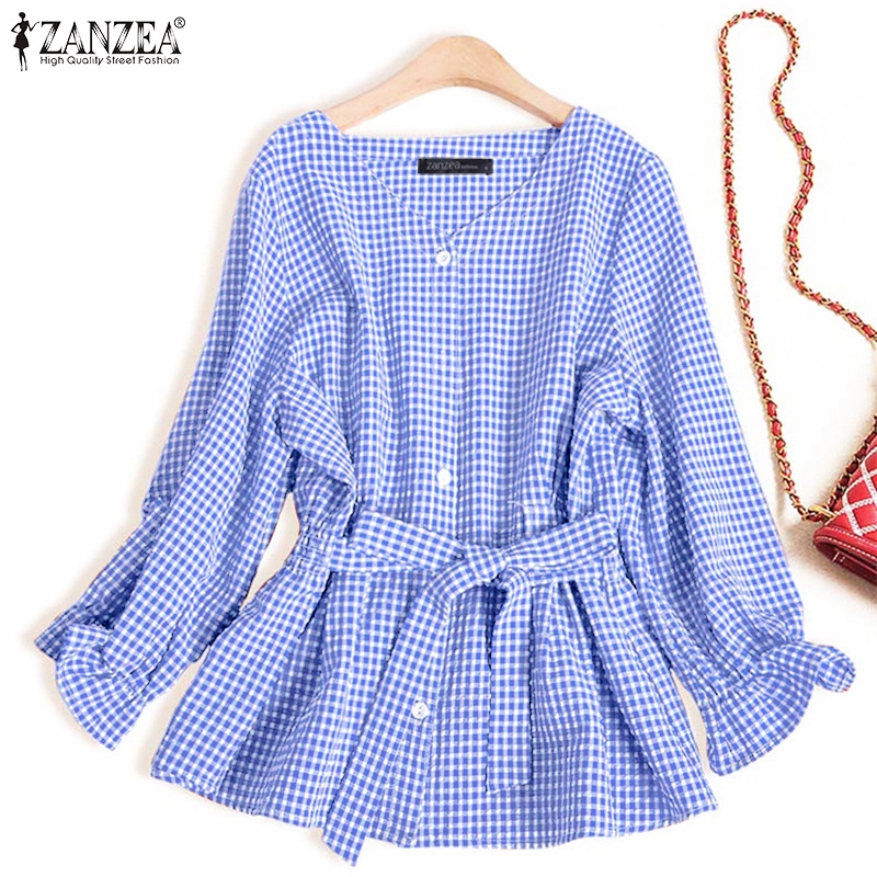 Áo sơ mi Zanzea tay dài họa tiết kẻ sọc caro cổ chữ v thanh lịch cho nữ