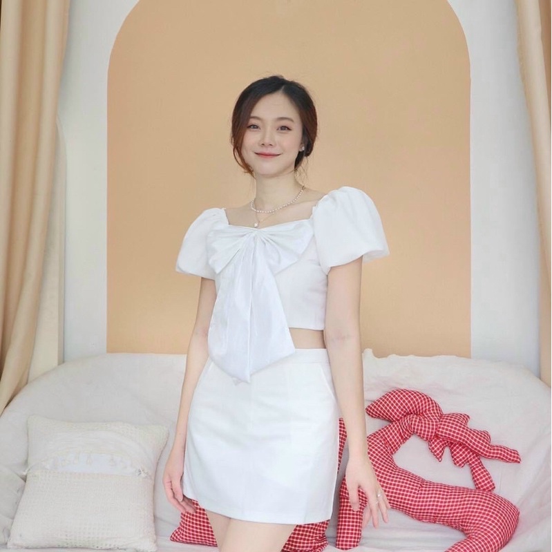 ÁO CROP NƠ NGỰC TAY BỒNG - kèm hình thật