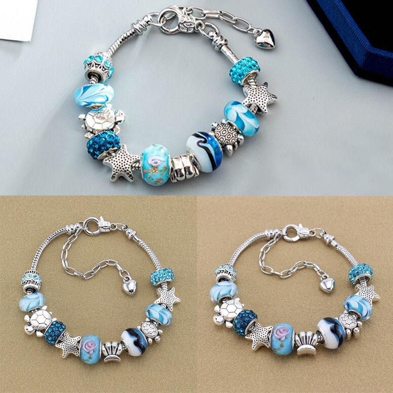 Vòng tay mạ bạc mặt trái tim đính đá pha lê màu xanh dương thời trang