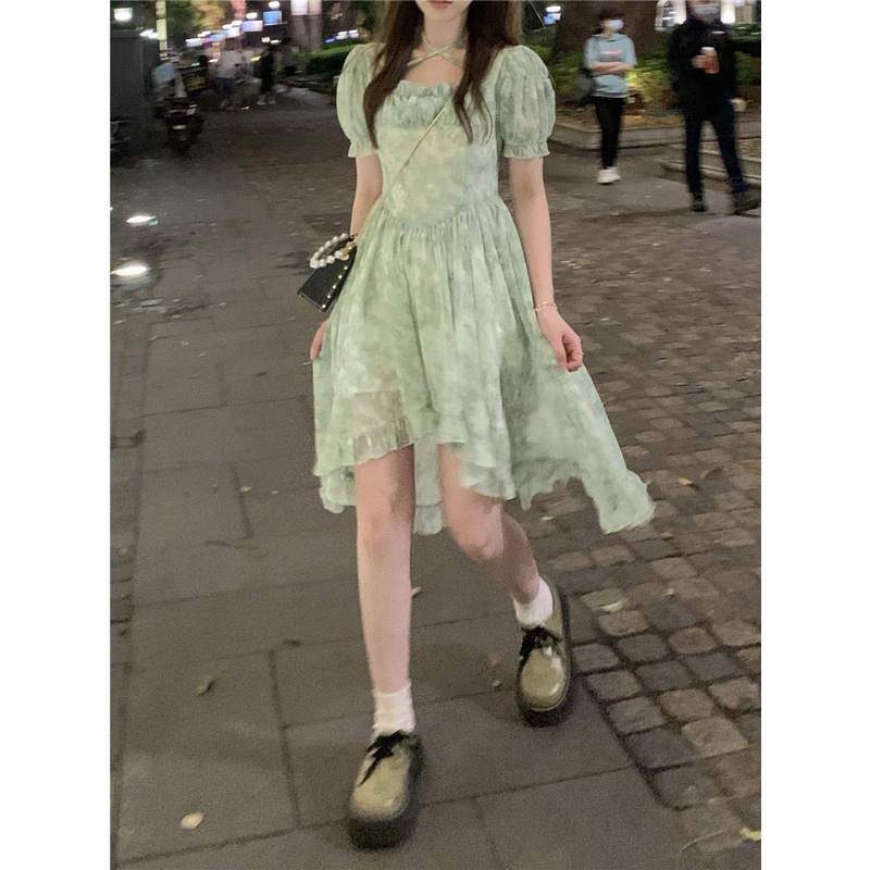 Đầm Voan Tay Phồng Cổ Vuông Họa Tiết Hoa Thiết Kế Bất Đối Xứng Thời Trang Pháp