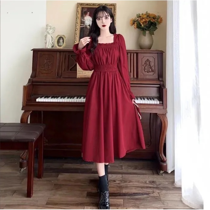 Đầm maxi xếp nếp dáng ôm eo cao cổ vuông co giãn màu đen thời trang cổ điển cho nữ