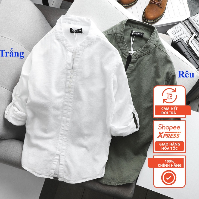 Áo Sơ Mi Đũi Cổ Tàu Phong Cách Hàn Quốc tay áo để được 2 kiểu 4 màu trẻ trung đủ size S-3XL