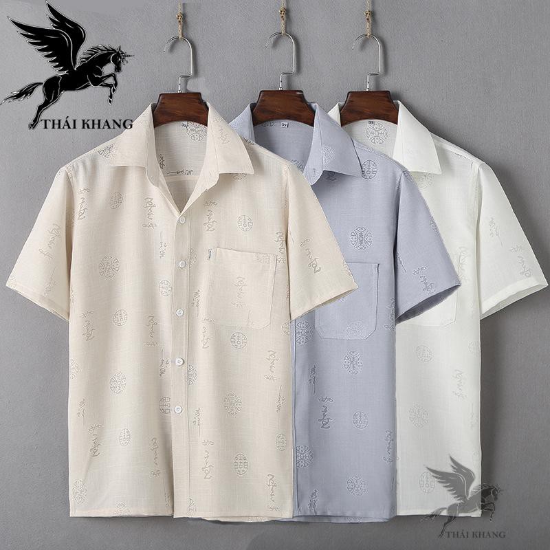 Áo sơ mi nam form rộng trung niên họa tiết in chìm vải đũi siêu mát loại áo sơ mi trung niên ngắn tay OG52 | BigBuy360 - bigbuy360.vn