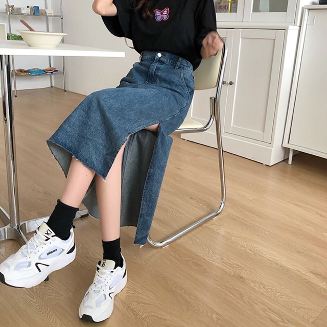 Chân váy bò jeans Ulzzang xẻ tà / Chân váy bò dài xẻ tà lưng cao / chân váy jeans dài hàn quốc [ORDER]