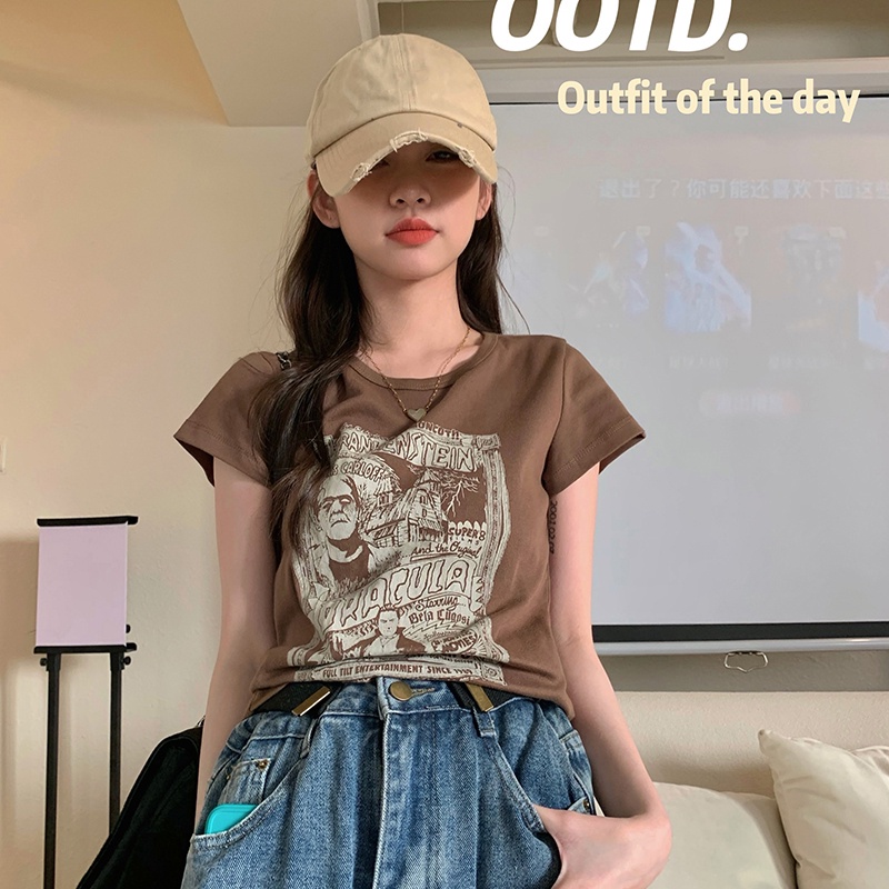 Áo thun SUXI tay ngắn cổ tròn in họa tiết phong cách dạo phố thời trang mùa hè dành cho nữ