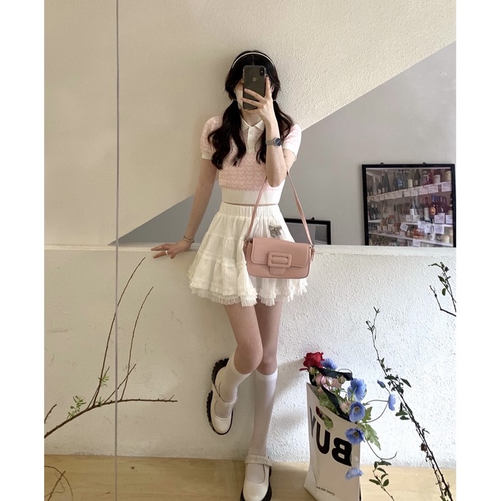 Áo Dệt Kim Cổ polo Màu Hồng Ngọt Ngào Phong Cách Pháp