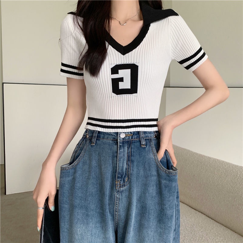 Áo Len Tay Ngắn Cổ Chữ v Họa Tiết Chữ Thời Trang Màu Sắc Phong Cách Hàn Quốc Dành Cho Nữ