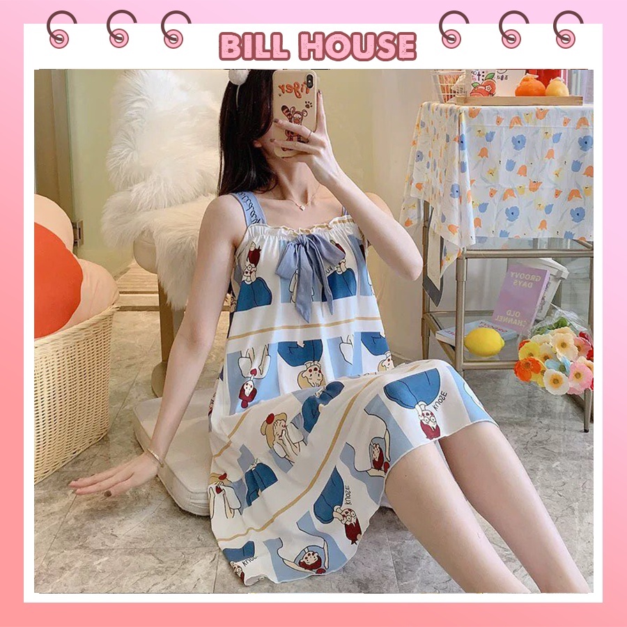 Váy ngủ nữ hai dây dễ thương bigsize qua gối phối nơ cực xinh chất cotton thun sữa mềm mịn VN03