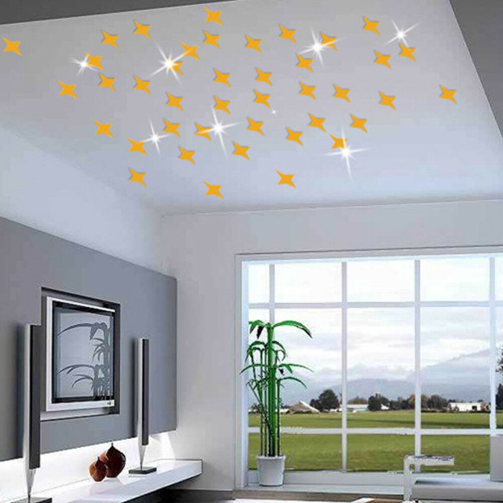 50pcs 3D Mirror Wall Acrylic Sticker Star Shaped DIY Art Mural Home Room Decor