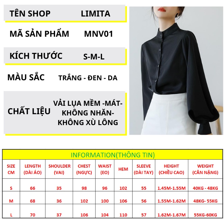 Áo sơ mi nữ công sở kiểu cổ trụ cổ tàu Hàn Quốc đẹp tay dài phồng vải lụa mềm mịn mặc mát ít nhăn MUD01