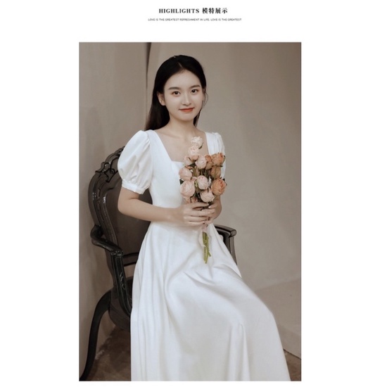 Váy trắng tiểu thư tùng Xoè tay phồng nơ lưng phong cách Vintage Witch