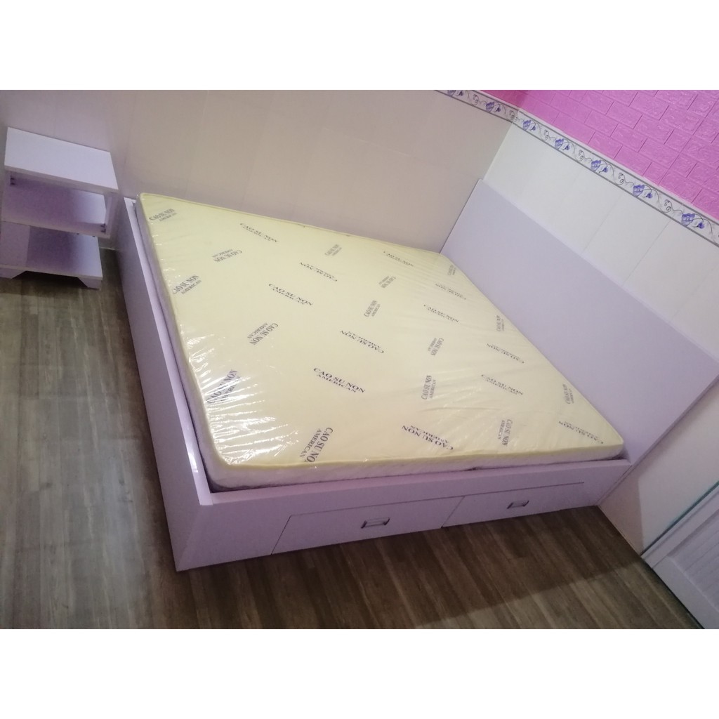 Giường ngủ trắng gỗ MDF chống ẩm 2 hộc kéo, bao lắp đặt, bao vận chuyển ( có một số trường hợp riêng chát để chốt )