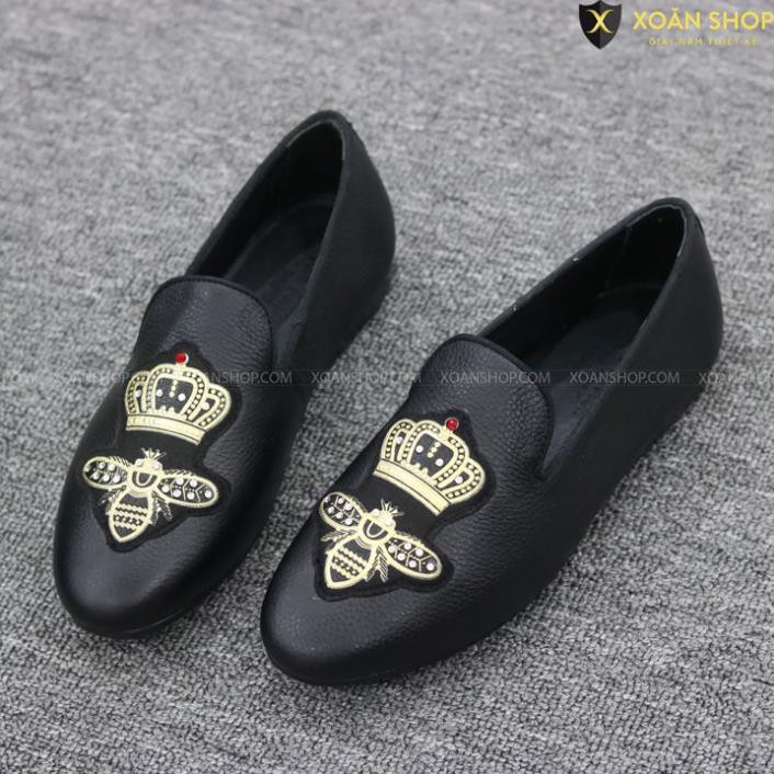 GIÀY DA NAM DA BÒ THẬT THÊU ONG, ĐÍNH ĐÁ, ĐẾ CAO SU ĐÚC - MÃ M030 MÀU ĐEN HÀNG VIỆT NAM Siêu Đẹp NEW new