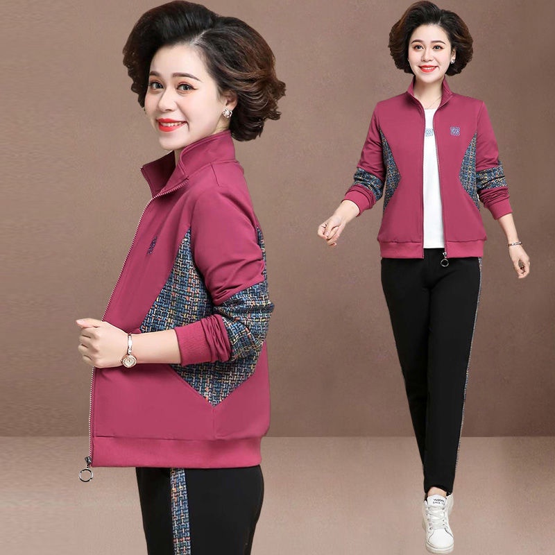 Bộ đồ hai món với áo khoác dáng rộng phong cách thể thao thời trang xuân thu dành cho phụ nữ tuổi trung niên