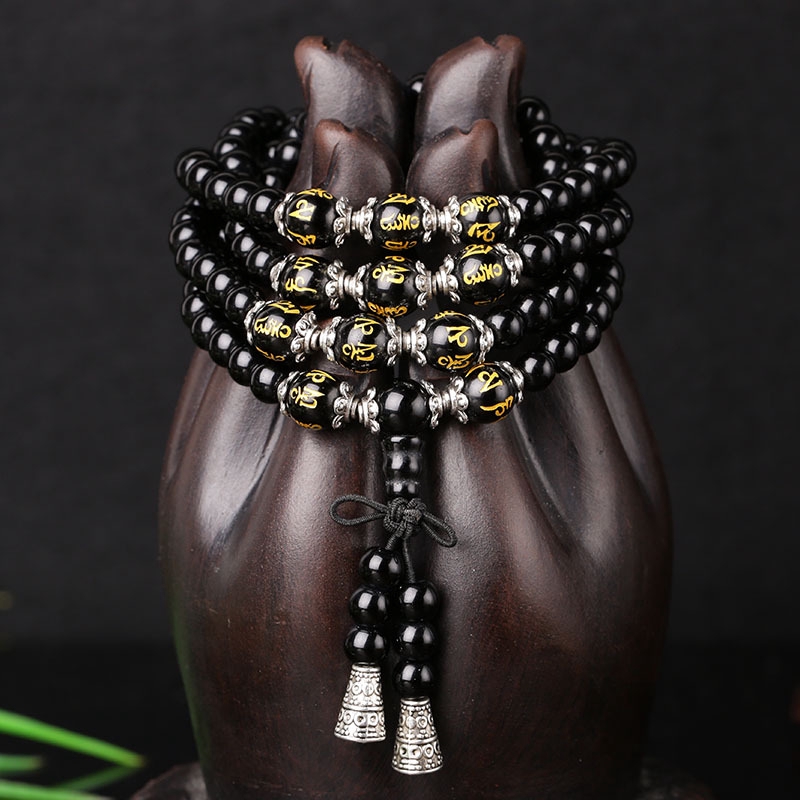 Vòng tay thu hút vận may 108 hạt đá obsidian 6mm