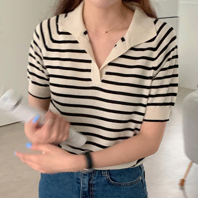 QADCOL Áo thun tay ngắn họa tiết kẻ sọc thời trang cho nữ