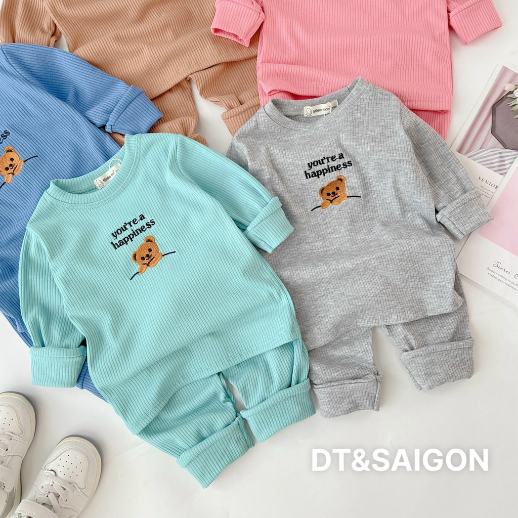Đồ Bộ Cho Bé Mặc Nhà thun tăm thu đông dài tay thêu gấu cho bé trai, bé gái nhiều size Caibaby_store