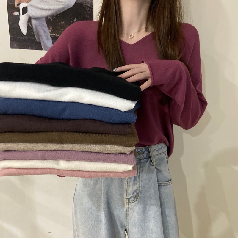 Áo dệt kim tay dài cổ chữ v dáng rộng phong cách cho nữ 44966