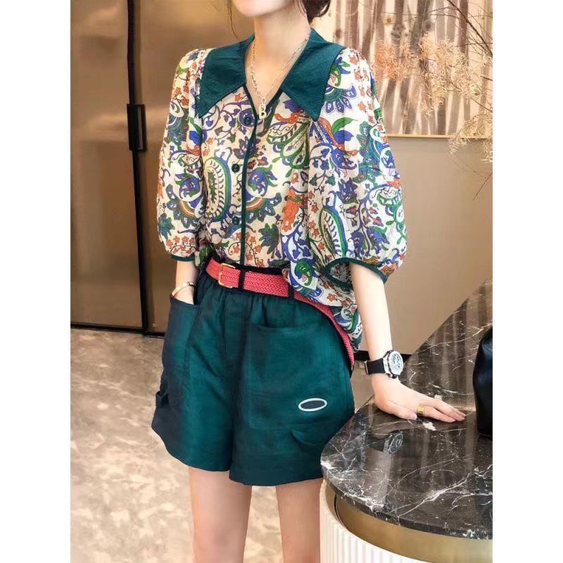 Bộ Áo Sơ Mi In Hoa + Quần Short Ống Rộng Thời Trang Mùa Hè Cho Nữ