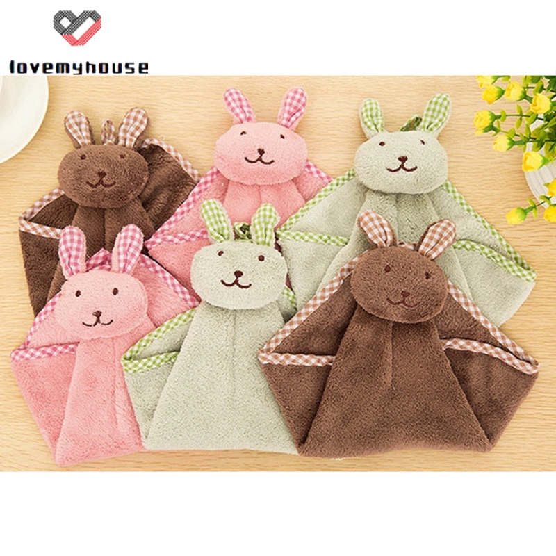 ☁ி☁ Cute Bunny Coral Fleece Hand Towel Kitchen Hanger Washcloth Fashion Lovely 