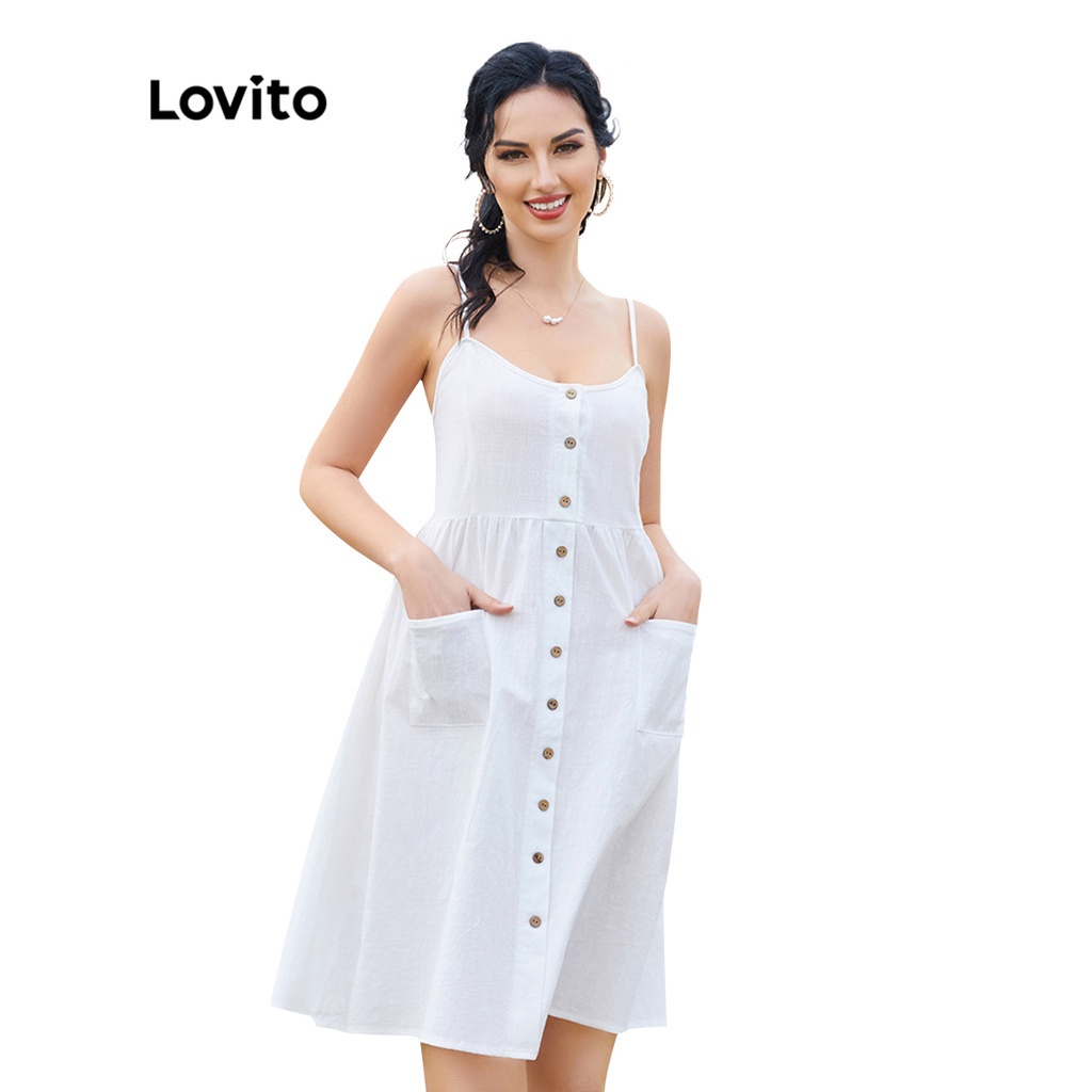 Đầm Lovito cổ chữ V cài nút phối túi màu trơn đơn giản L12018 (Màu trắng)