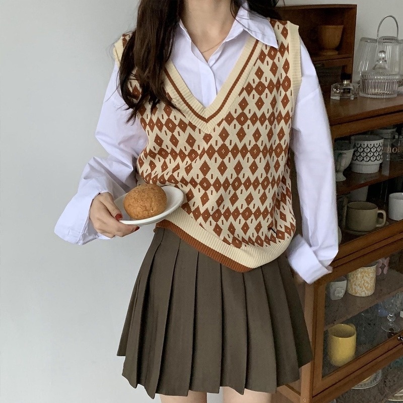 VVvn Áo vest Dệt Kim Cổ Chữ vMàu Sắc Tương Phản Thời Trang Mùa thu