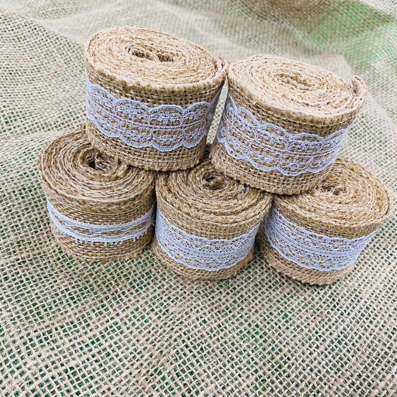 Cuộn ruy băng vải bố bản 3.5cm phối ren trắng cuộn dài 2.5m