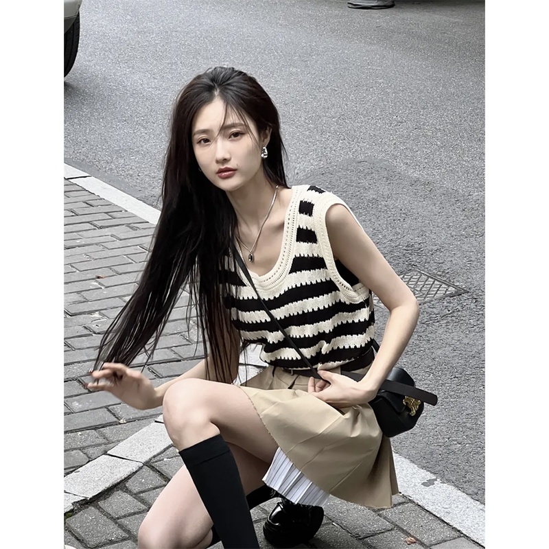 Áo thun không tay cổ chữ U/ Chân váy chữ A Xiaozhainv lưng cao thời trang cho nữ