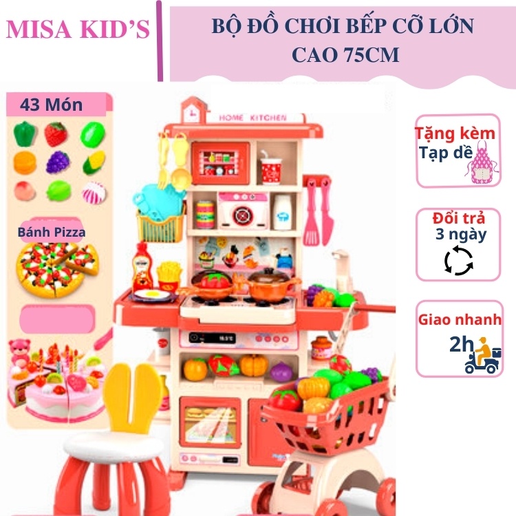 Bộ đồ chơi nhà bếp nấu ăn cao cấp cỡ lớn cho bé năm 2022 Misakids có vòi nước, khói và lửa mô phỏng