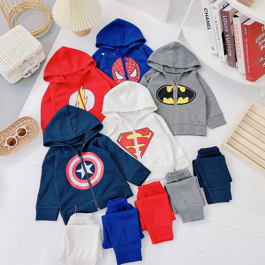 Set bộ siêu nhân bé trai, Set bộ khoát siêu nhân và quần chất len tổ ong mềm