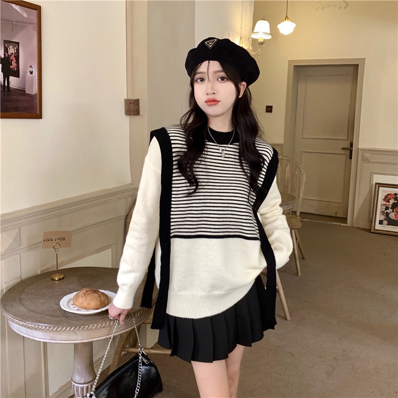 Áo sweater ghép nối kẻ sọc dáng rộng phong cách trẻ trung thời trang | BigBuy360 - bigbuy360.vn